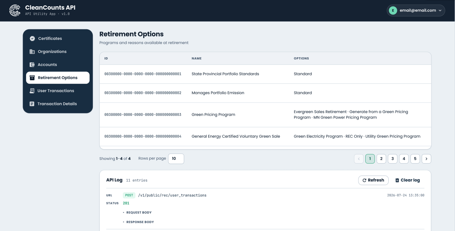 CleanCounts API Utility App showing the Retirement Options reference table and a live API request log